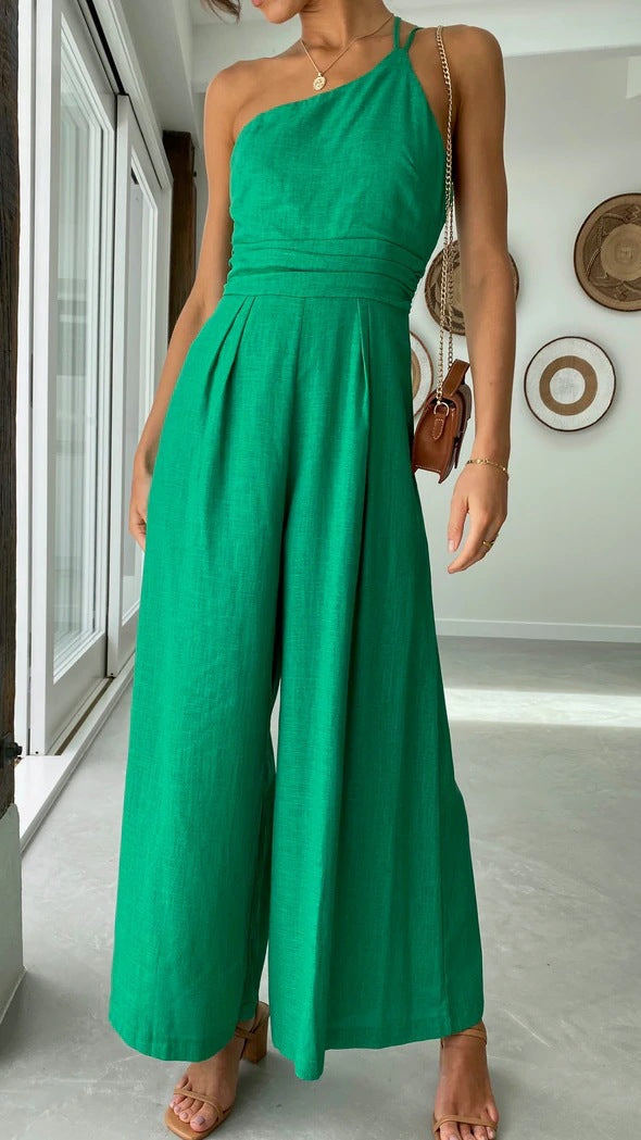 Women's Summer Straps One Shoulder High Waist Dressy Casual Wide Leg Linen Jumpsuit Romper Beach Travel Outfits - Seldom Seen Styles