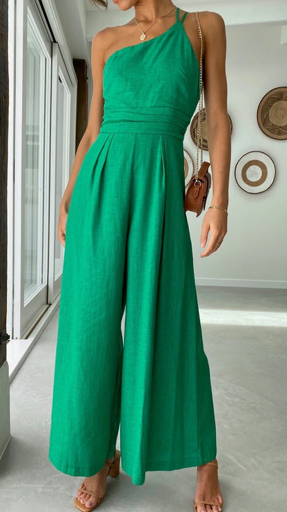 Women's Summer Straps One Shoulder High Waist Dressy Casual Wide Leg Linen Jumpsuit Romper Beach Travel Outfits - Seldom Seen Styles