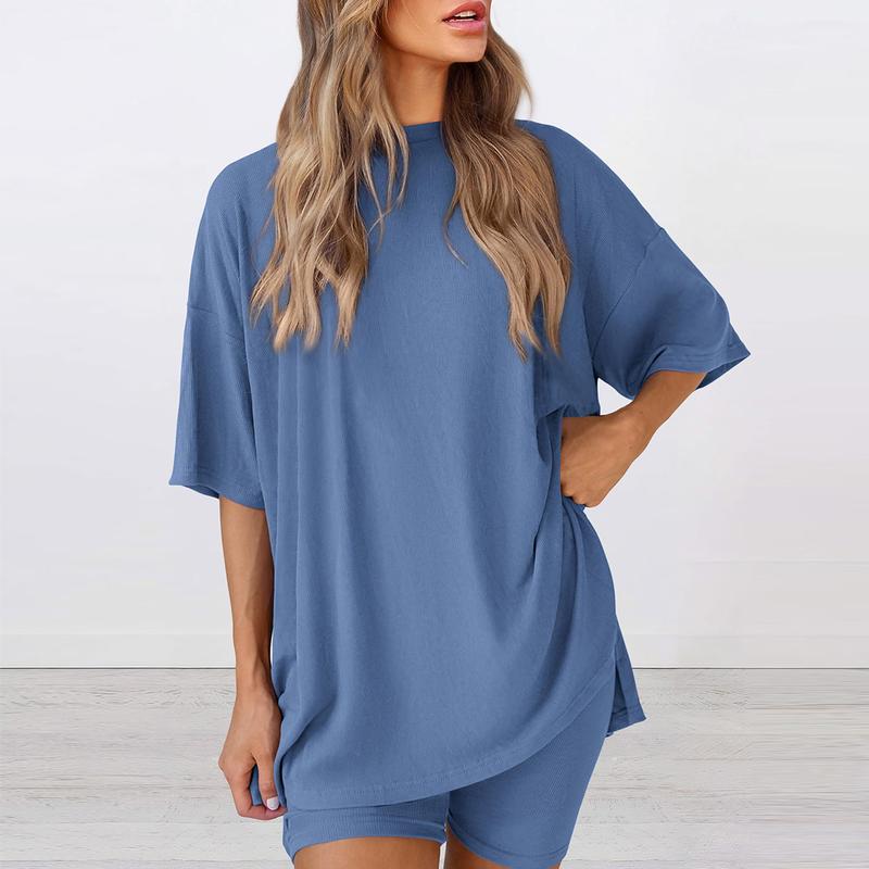 Women's Summer Two-Piece Set 2025 Casual Oversized Crewneck Split Hem Shirts & Side Pocket Biker Shorts Minimalist Lounge Wear Soft Viscose Fabric Comfy Homewear Cozy Pjs - Seldom Seen Styles