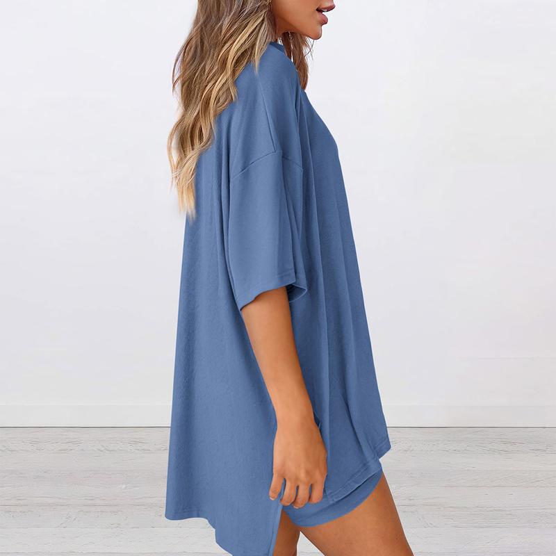 Women's Summer Two-Piece Set 2025 Casual Oversized Crewneck Split Hem Shirts & Side Pocket Biker Shorts Minimalist Lounge Wear Soft Viscose Fabric Comfy Homewear Cozy Pjs - Seldom Seen Styles