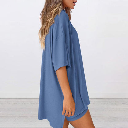 Women's Summer Two-Piece Set 2025 Casual Oversized Crewneck Split Hem Shirts & Side Pocket Biker Shorts Minimalist Lounge Wear Soft Viscose Fabric Comfy Homewear Cozy Pjs - Seldom Seen Styles