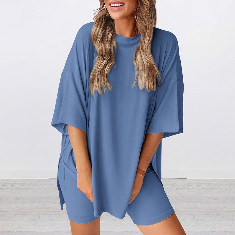Women's Summer Two-Piece Set 2025 Casual Oversized Crewneck Split Hem Shirts & Side Pocket Biker Shorts Minimalist Lounge Wear Soft Viscose Fabric Comfy Homewear Cozy Pjs - Seldom Seen Styles