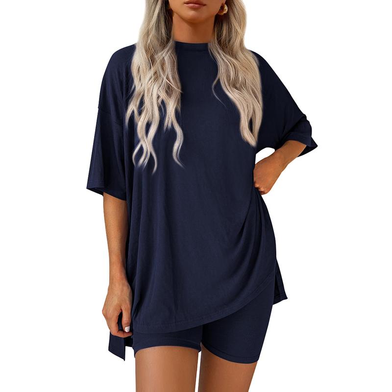 Women's Summer Two-Piece Set 2025 Casual Oversized Crewneck Split Hem Shirts & Side Pocket Biker Shorts Minimalist Lounge Wear Soft Viscose Fabric Comfy Homewear Cozy Pjs - Seldom Seen Styles