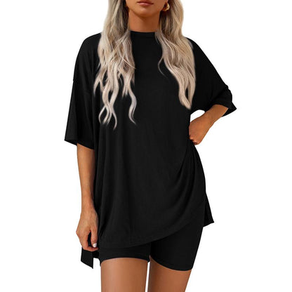 Women's Summer Two-Piece Set 2025 Casual Oversized Crewneck Split Hem Shirts & Side Pocket Biker Shorts Minimalist Lounge Wear Soft Viscose Fabric Comfy Homewear Cozy Pjs - Seldom Seen Styles