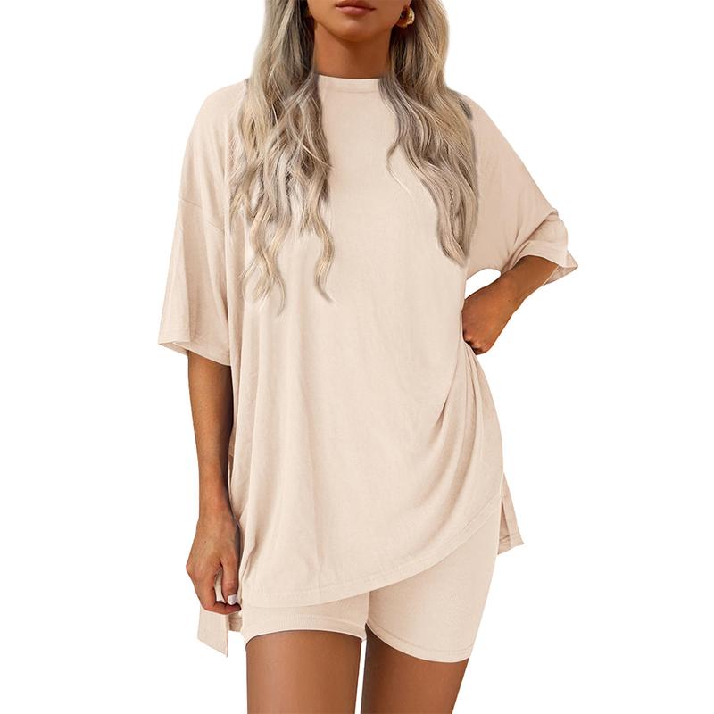 Women's Summer Two-Piece Set 2025 Casual Oversized Crewneck Split Hem Shirts & Side Pocket Biker Shorts Minimalist Lounge Wear Soft Viscose Fabric Comfy Homewear Cozy Pjs - Seldom Seen Styles