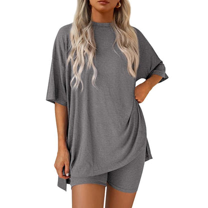Women's Summer Two-Piece Set 2025 Casual Oversized Crewneck Split Hem Shirts & Side Pocket Biker Shorts Minimalist Lounge Wear Soft Viscose Fabric Comfy Homewear Cozy Pjs - Seldom Seen Styles