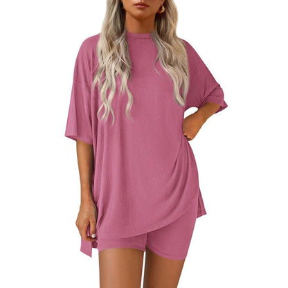 Women's Summer Two-Piece Set 2025 Casual Oversized Crewneck Split Hem Shirts & Side Pocket Biker Shorts Minimalist Lounge Wear Soft Viscose Fabric Comfy Homewear Cozy Pjs - Seldom Seen Styles