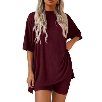 Women's Summer Two-Piece Set 2025 Casual Oversized Crewneck Split Hem Shirts & Side Pocket Biker Shorts Minimalist Lounge Wear Soft Viscose Fabric Comfy Homewear Cozy Pjs - Seldom Seen Styles