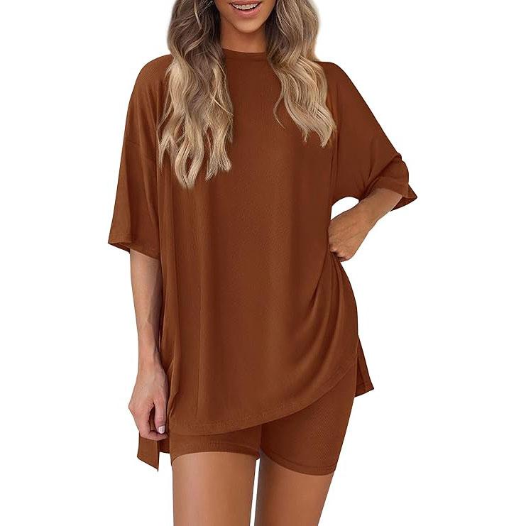 Women's Summer Two-Piece Set 2025 Casual Oversized Crewneck Split Hem Shirts & Side Pocket Biker Shorts Minimalist Lounge Wear Soft Viscose Fabric Comfy Homewear Cozy Pjs - Seldom Seen Styles