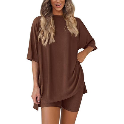 Women's Summer Two-Piece Set 2025 Casual Oversized Crewneck Split Hem Shirts & Side Pocket Biker Shorts Minimalist Lounge Wear Soft Viscose Fabric Comfy Homewear Cozy Pjs - Seldom Seen Styles
