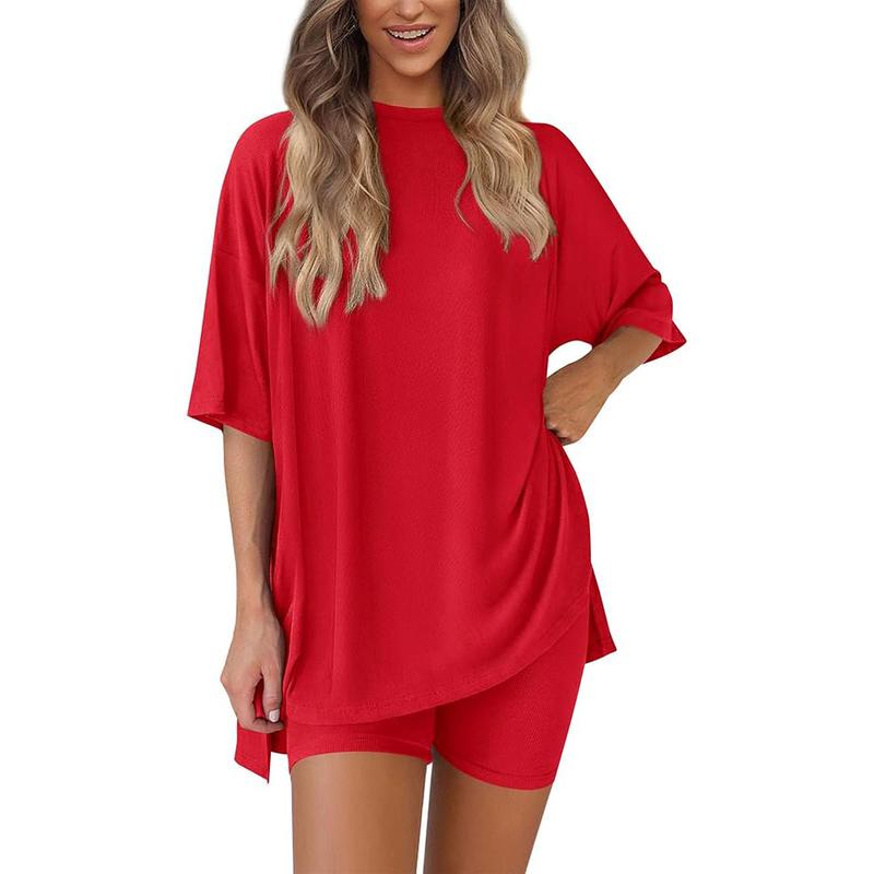 Women's Summer Two-Piece Set 2025 Casual Oversized Crewneck Split Hem Shirts & Side Pocket Biker Shorts Minimalist Lounge Wear Soft Viscose Fabric Comfy Homewear Cozy Pjs - Seldom Seen Styles
