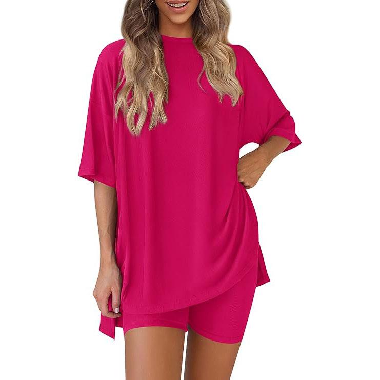 Women's Summer Two-Piece Set 2025 Casual Oversized Crewneck Split Hem Shirts & Side Pocket Biker Shorts Minimalist Lounge Wear Soft Viscose Fabric Comfy Homewear Cozy Pjs - Seldom Seen Styles