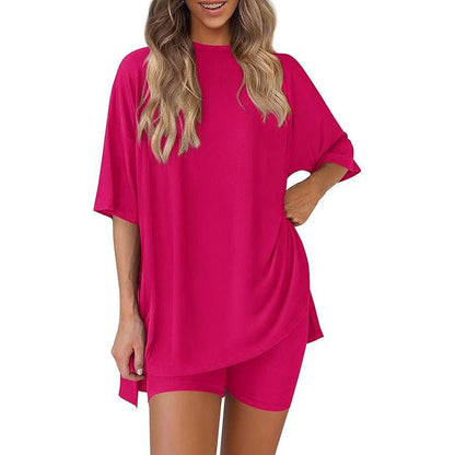 Women's Summer Two-Piece Set 2025 Casual Oversized Crewneck Split Hem Shirts & Side Pocket Biker Shorts Minimalist Lounge Wear Soft Viscose Fabric Comfy Homewear Cozy Pjs - Seldom Seen Styles
