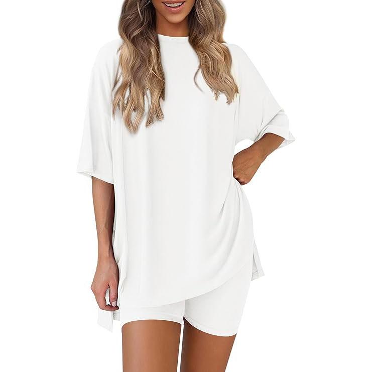 Women's Summer Two-Piece Set 2025 Casual Oversized Crewneck Split Hem Shirts & Side Pocket Biker Shorts Minimalist Lounge Wear Soft Viscose Fabric Comfy Homewear Cozy Pjs - Seldom Seen Styles
