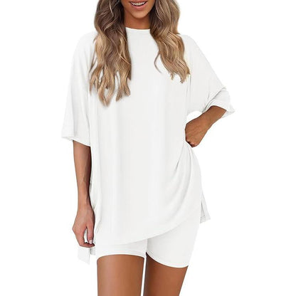 Women's Summer Two-Piece Set 2025 Casual Oversized Crewneck Split Hem Shirts & Side Pocket Biker Shorts Minimalist Lounge Wear Soft Viscose Fabric Comfy Homewear Cozy Pjs - Seldom Seen Styles