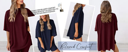 Women's Summer Two-Piece Set 2025 Casual Oversized Crewneck Split Hem Shirts & Side Pocket Biker Shorts Minimalist Lounge Wear Soft Viscose Fabric Comfy Homewear Cozy Pjs - Seldom Seen Styles