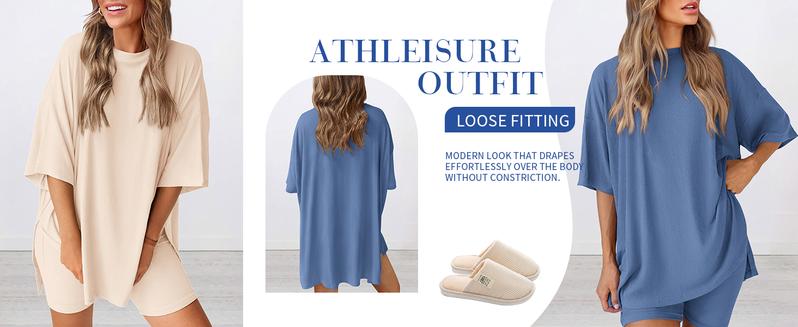 Women's Summer Two-Piece Set 2025 Casual Oversized Crewneck Split Hem Shirts & Side Pocket Biker Shorts Minimalist Lounge Wear Soft Viscose Fabric Comfy Homewear Cozy Pjs - Seldom Seen Styles