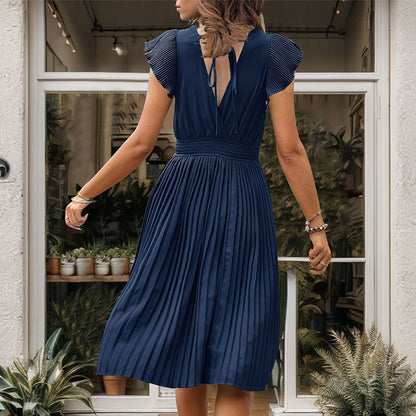 Women's Summer V Neck Solid Color Loose Maxi Dress Flutter Short Sleeve Pleated Wedding Dress A-Line Casual Dresses - Seldom Seen Styles