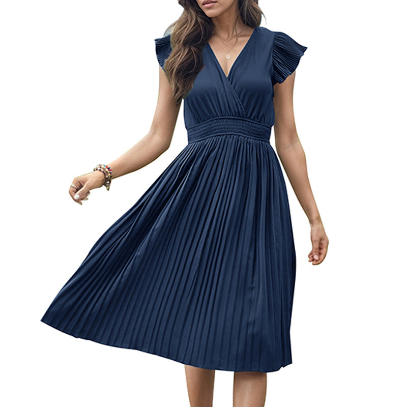 Women's Summer V Neck Solid Color Loose Maxi Dress Flutter Short Sleeve Pleated Wedding Dress A-Line Casual Dresses - Seldom Seen Styles
