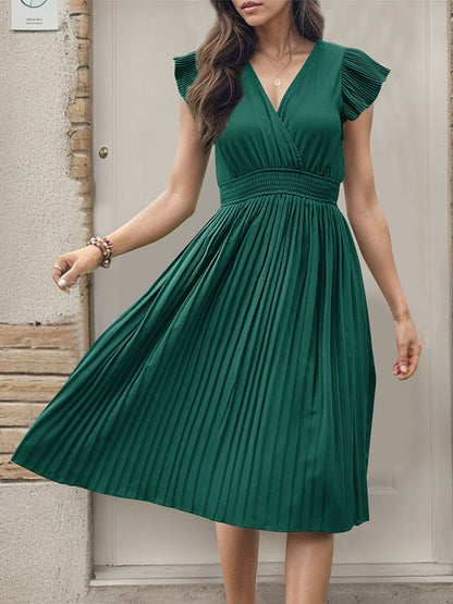 Women's Summer V Neck Solid Color Loose Maxi Dress Flutter Short Sleeve Pleated Wedding Dress A-Line Casual Dresses - Seldom Seen Styles