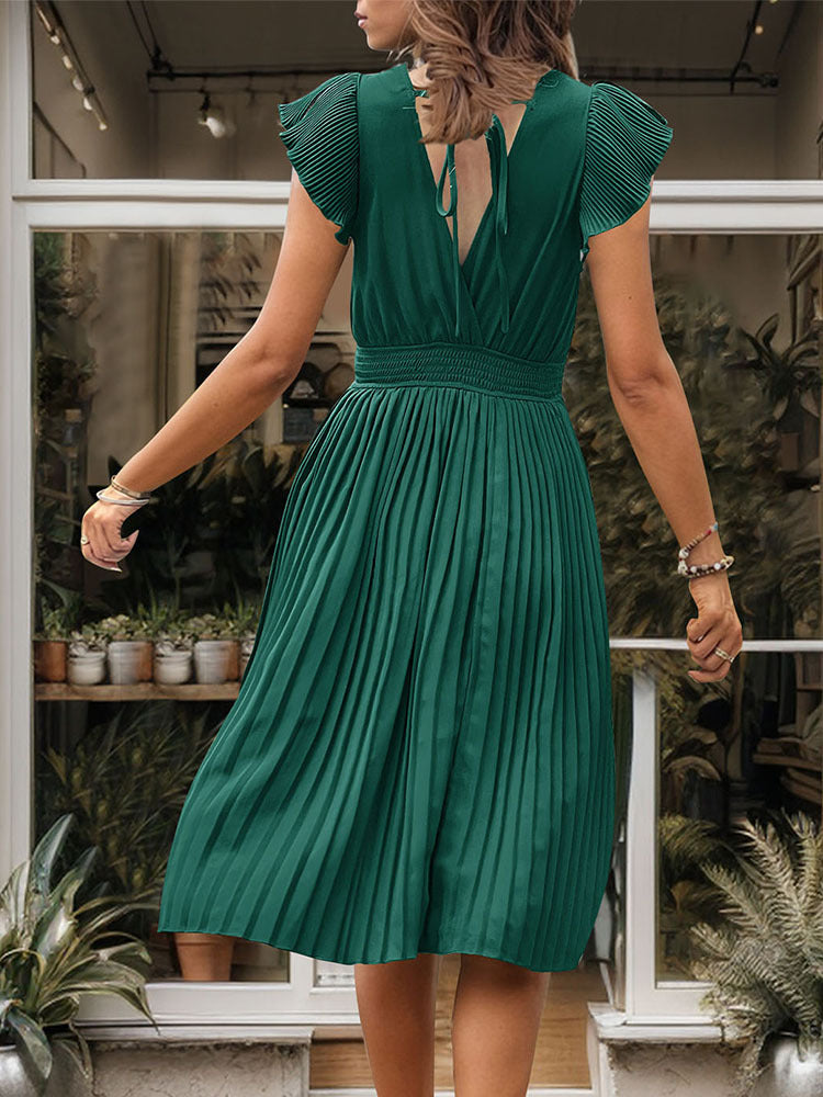 Women's Summer V Neck Solid Color Loose Maxi Dress Flutter Short Sleeve Pleated Wedding Dress A-Line Casual Dresses - Seldom Seen Styles