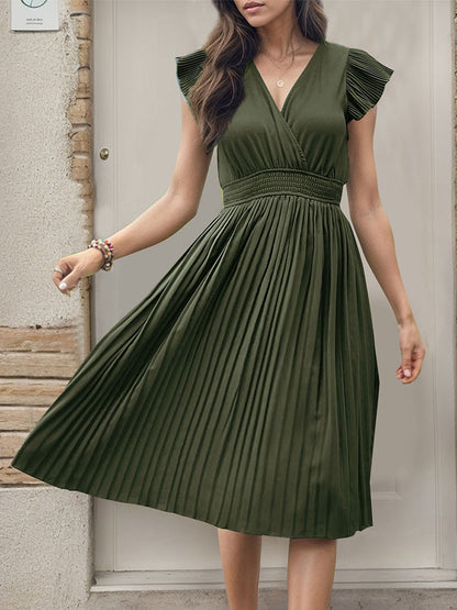 Women's Summer V Neck Solid Color Loose Maxi Dress Flutter Short Sleeve Pleated Wedding Dress A-Line Casual Dresses - Seldom Seen Styles