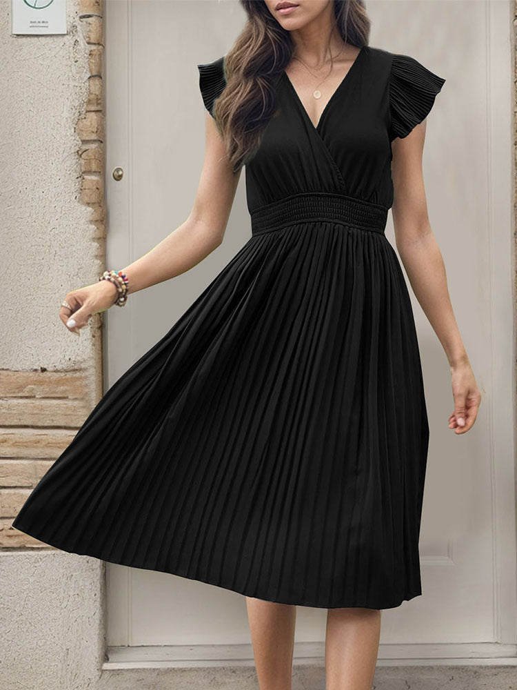 Women's Summer V Neck Solid Color Loose Maxi Dress Flutter Short Sleeve Pleated Wedding Dress A-Line Casual Dresses - Seldom Seen Styles