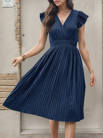 Women's Summer V Neck Solid Color Loose Maxi Dress Flutter Short Sleeve Pleated Wedding Dress A-Line Casual Dresses - Seldom Seen Styles