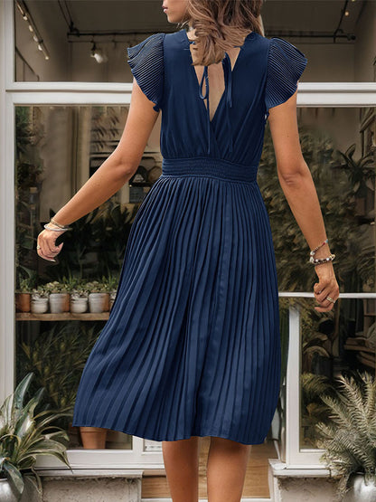 Women's Summer V Neck Solid Color Loose Maxi Dress Flutter Short Sleeve Pleated Wedding Dress A-Line Casual Dresses - Seldom Seen Styles