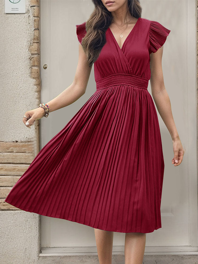 Women's Summer V Neck Solid Color Loose Maxi Dress Flutter Short Sleeve Pleated Wedding Dress A-Line Casual Dresses - Seldom Seen Styles