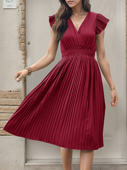 Women's Summer V Neck Solid Color Loose Maxi Dress Flutter Short Sleeve Pleated Wedding Dress A-Line Casual Dresses - Seldom Seen Styles