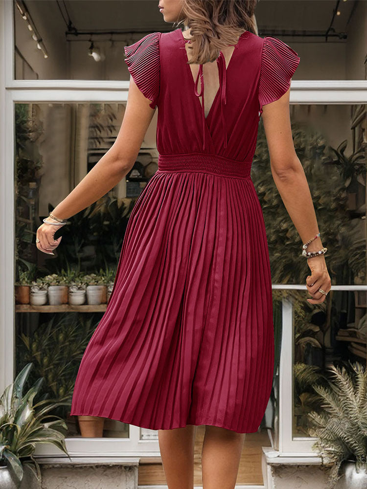 Women's Summer V Neck Solid Color Loose Maxi Dress Flutter Short Sleeve Pleated Wedding Dress A-Line Casual Dresses - Seldom Seen Styles