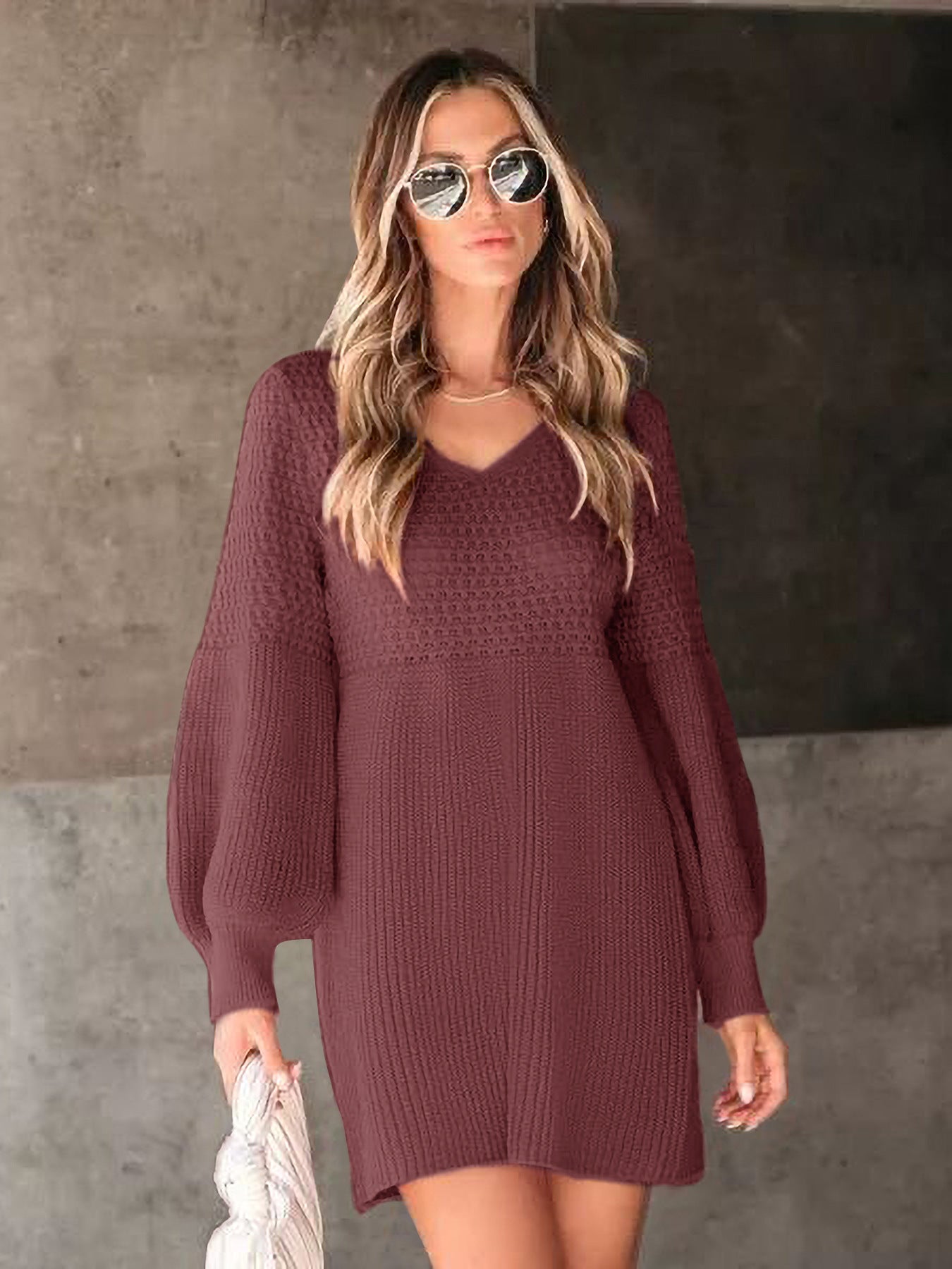 Women's Casual Sweater Dress V Neck Honeycomb Long Sleeve Textured Knit Pullover Dresses Womenswear - Seldom Seen Styles
