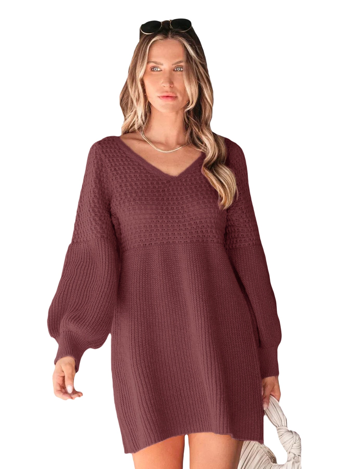 Women's Casual Sweater Dress V Neck Honeycomb Long Sleeve Textured Knit Pullover Dresses Womenswear - Seldom Seen Styles
