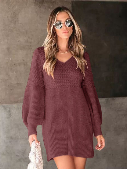 Women's Casual Sweater Dress V Neck Honeycomb Long Sleeve Textured Knit Pullover Dresses Womenswear - Seldom Seen Styles