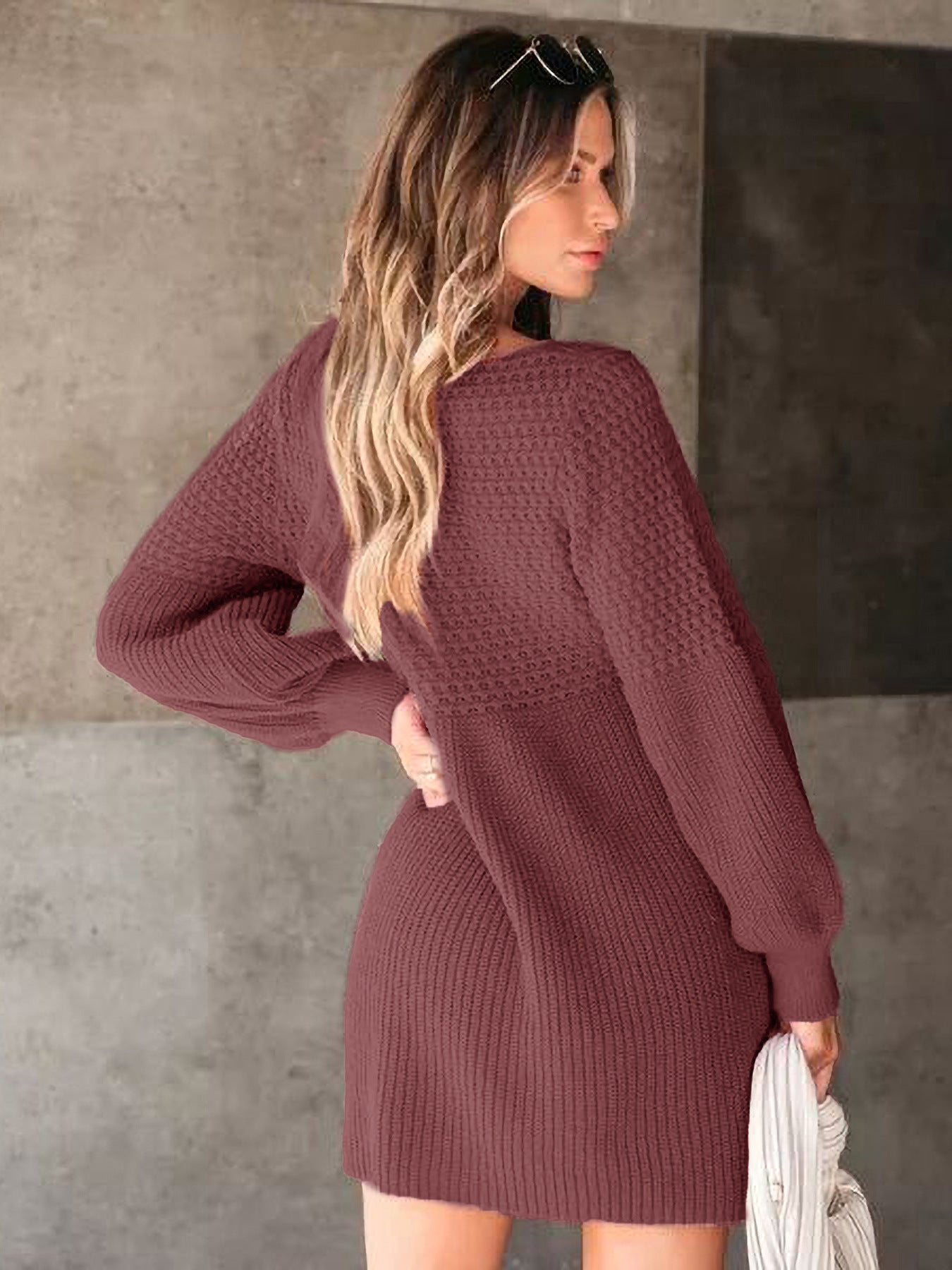 Women's Casual Sweater Dress V Neck Honeycomb Long Sleeve Textured Knit Pullover Dresses Womenswear - Seldom Seen Styles