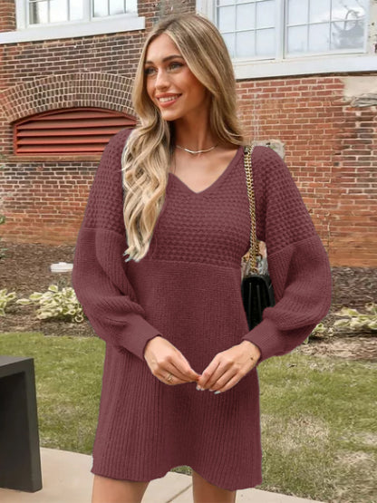 Women's Casual Sweater Dress V Neck Honeycomb Long Sleeve Textured Knit Pullover Dresses Womenswear - Seldom Seen Styles
