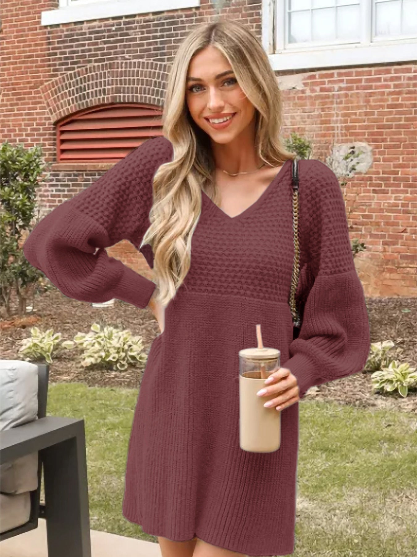 Women's Casual Sweater Dress V Neck Honeycomb Long Sleeve Textured Knit Pullover Dresses Womenswear - Seldom Seen Styles