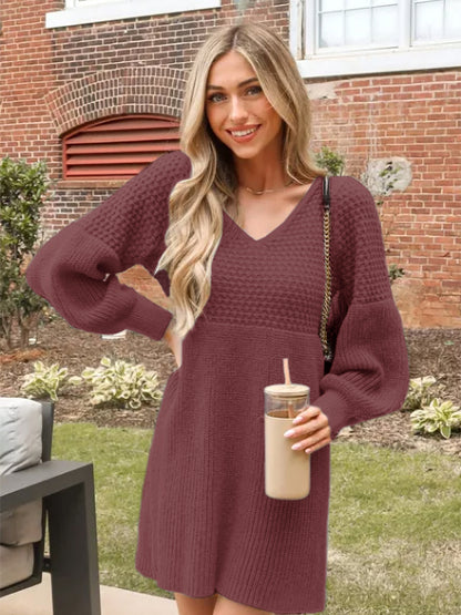Women's Casual Sweater Dress V Neck Honeycomb Long Sleeve Textured Knit Pullover Dresses Womenswear - Seldom Seen Styles