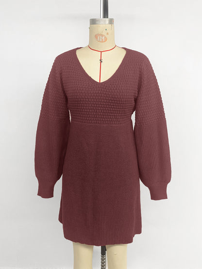 Women's Casual Sweater Dress V Neck Honeycomb Long Sleeve Textured Knit Pullover Dresses Womenswear - Seldom Seen Styles