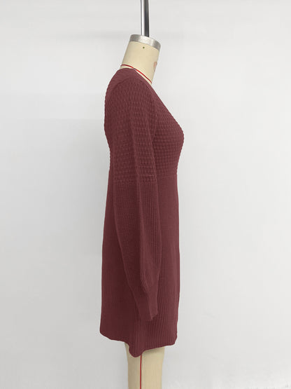 Women's Casual Sweater Dress V Neck Honeycomb Long Sleeve Textured Knit Pullover Dresses Womenswear - Seldom Seen Styles