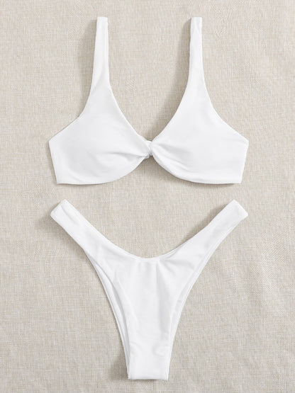 Women's Twist Front High Cut Thong Two Piece Bikini Set Swimsuit - Seldom Seen Styles