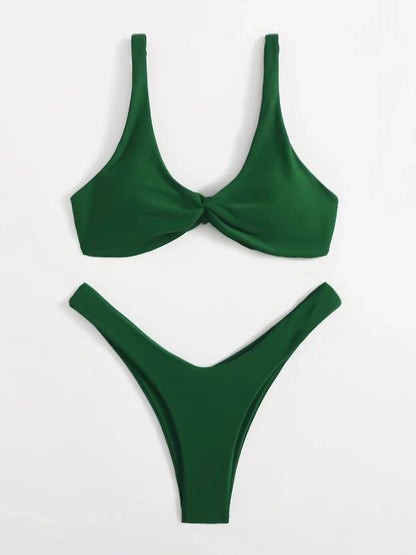 Women's Twist Front High Cut Thong Two Piece Bikini Set Swimsuit - Seldom Seen Styles