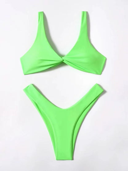 Women's Twist Front High Cut Thong Two Piece Bikini Set Swimsuit - Seldom Seen Styles