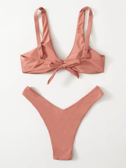 Women's Twist Front High Cut Thong Two Piece Bikini Set Swimsuit - Seldom Seen Styles