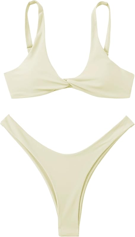 Women's Twist Front High Cut Thong Two Piece Bikini Set Swimsuit - Seldom Seen Styles