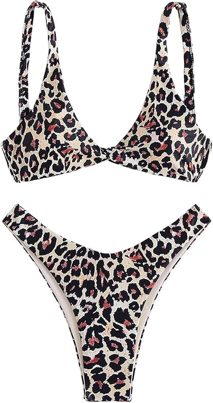 Women's Twist Front High Cut Thong Two Piece Bikini Set Swimsuit - Seldom Seen Styles