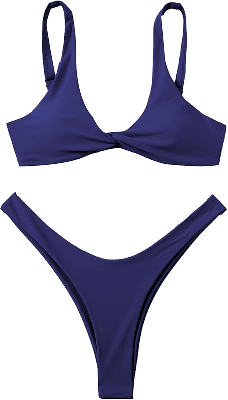 Women's Twist Front High Cut Thong Two Piece Bikini Set Swimsuit - Seldom Seen Styles