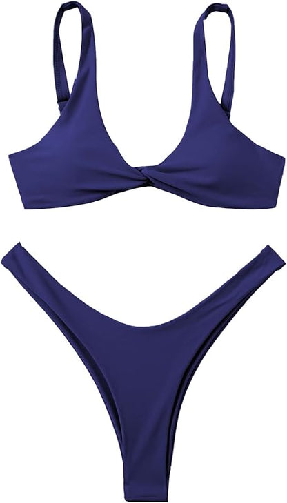 Women's Twist Front High Cut Thong Two Piece Bikini Set Swimsuit - Seldom Seen Styles
