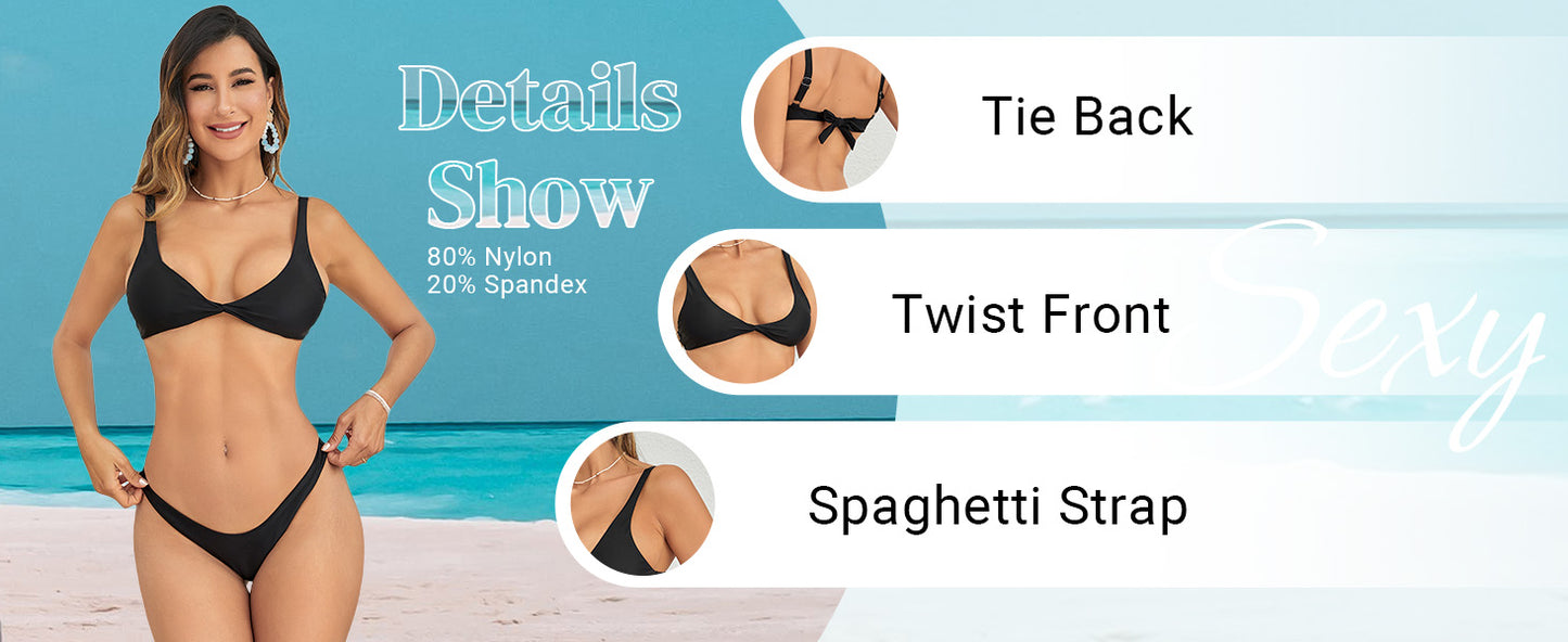 Women's Twist Front High Cut Thong Two Piece Bikini Set Swimsuit - Seldom Seen Styles